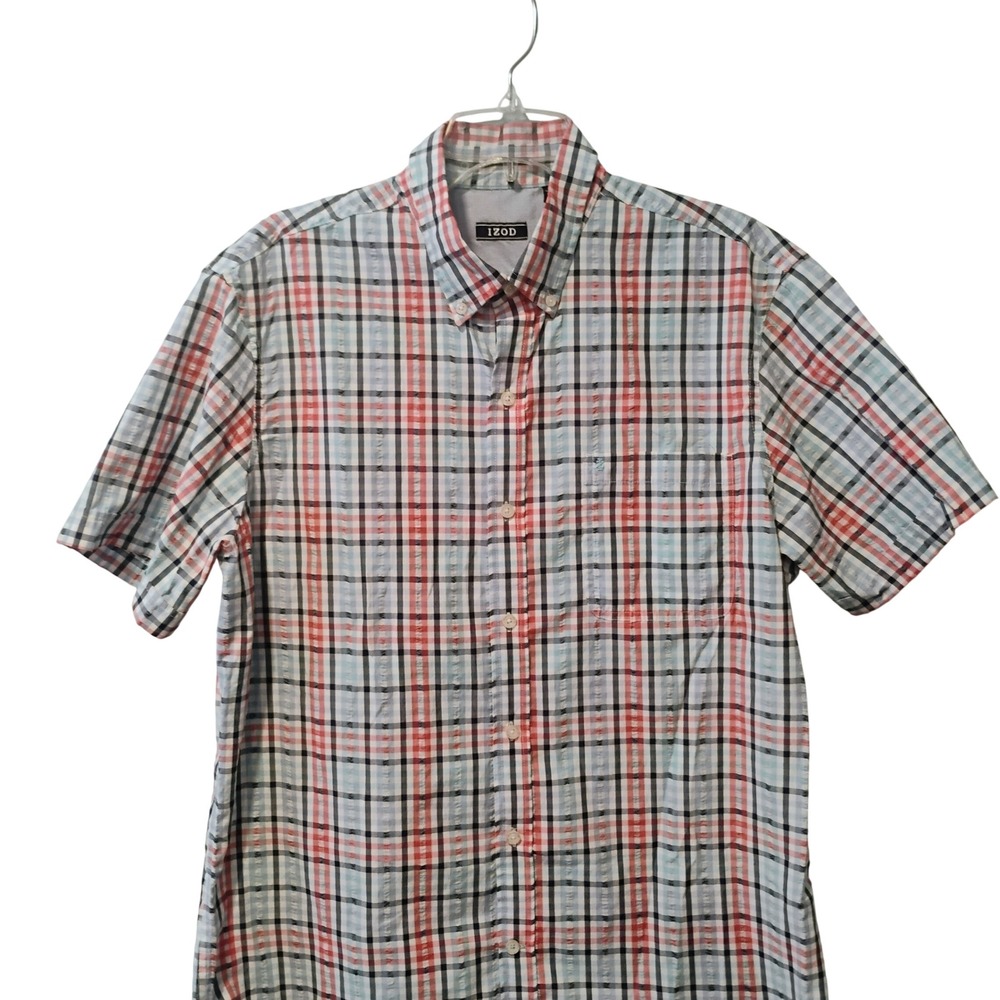 IZOD Mens Short Sleeve Plaid Button Down Shirt Red Blue White Large preppy‎